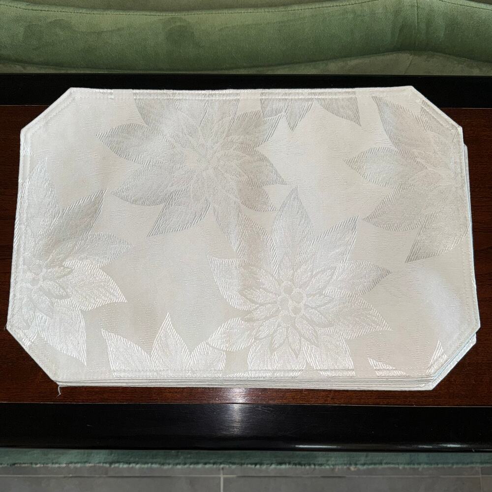 Set of 7 White Woven Poinsettia Pattern Placemats with Cut Corners